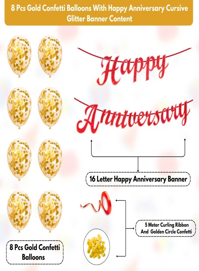 Flyloons Red Happy Anniversary Banner with Confetti Balloons Decoration Kit for Men Women 8 Pcs Gold Colour Confetti Meatallic Balloons Reusable Happy Wedding Anniversary Banner - Image 2